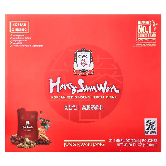 مشروب الجينسنغ الأحمر العشبي JungKwanJang جونغ كوان جانغ لمكافحة التعب وقلة التركيز خالٍ من الكافيين 20 كيس × 50 مل